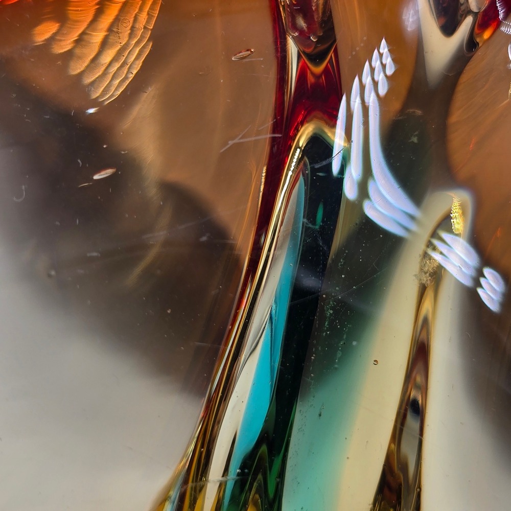 MCM 60s Murano Hand-Blown Glass Bowl Red Amber Teal Sommerso Starburst 10 inch - Picture 7 of 8